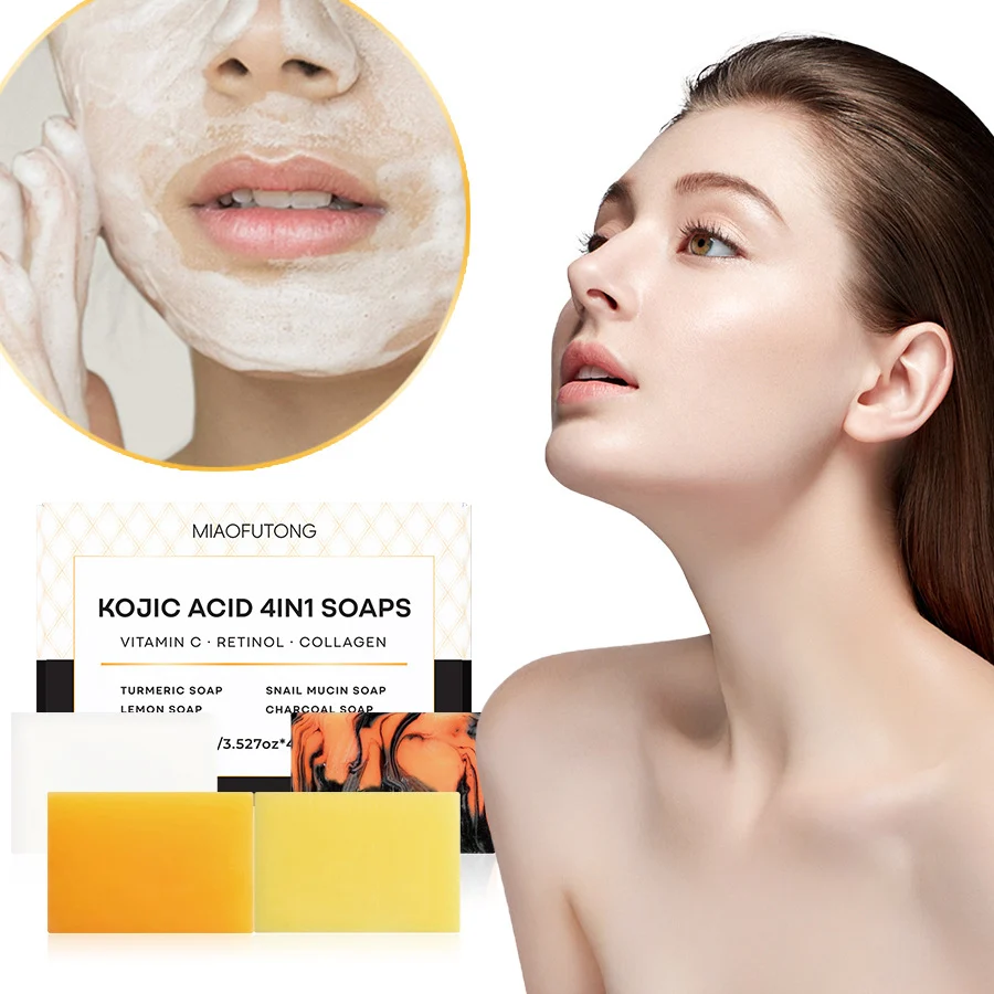 MIAOFUTONG Kojic Acid 4-in-1 Soap Set with Turmeric, Lemon, Snail Mucin & Charcoal 13 kojic acid soap set sit eed55ntb desc 13