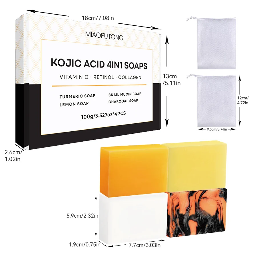 MIAOFUTONG Kojic Acid 4-in-1 Soap Set with Turmeric, Lemon, Snail Mucin & Charcoal 2 kojic acid soap set sit eed55ntb desc 2