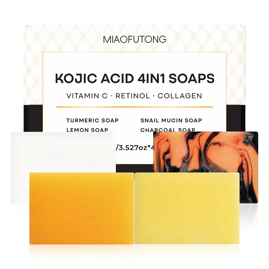 MIAOFUTONG Kojic Acid 4-in-1 Soap Set with Turmeric, Lemon, Snail Mucin & Charcoal 3 kojic acid soap set sit eed55ntb desc 3